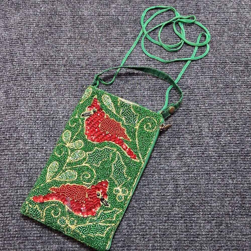 Vintage Beaded Cardinal Bird Crossbody Phone Bag Green Red Sequin Boho Pouch
